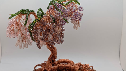 Wisteria Tree — Copper Wire with Pink, Purple & White Beads on Spalted Wood Disk