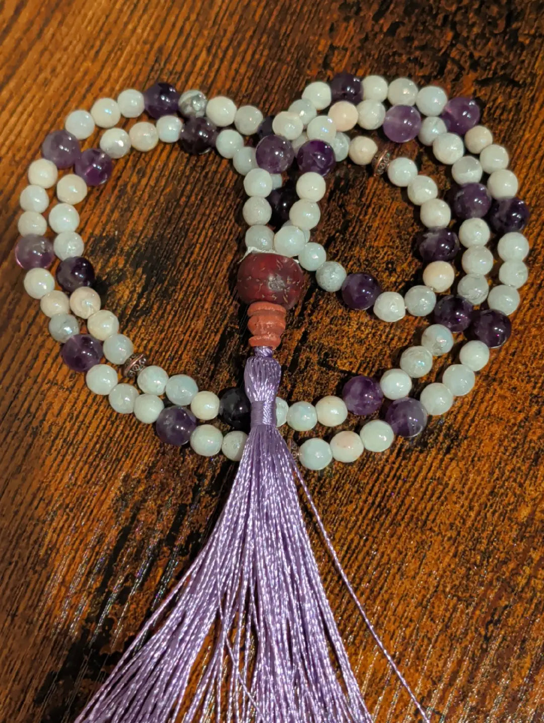 108 Amethyst & Moonstone Mala with Bodhi Guru Bead