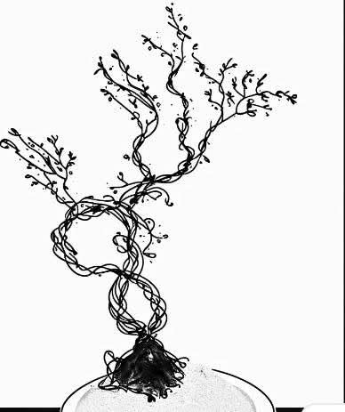 Copper wire bodhi tree's on either natural lake stones or wood bases.