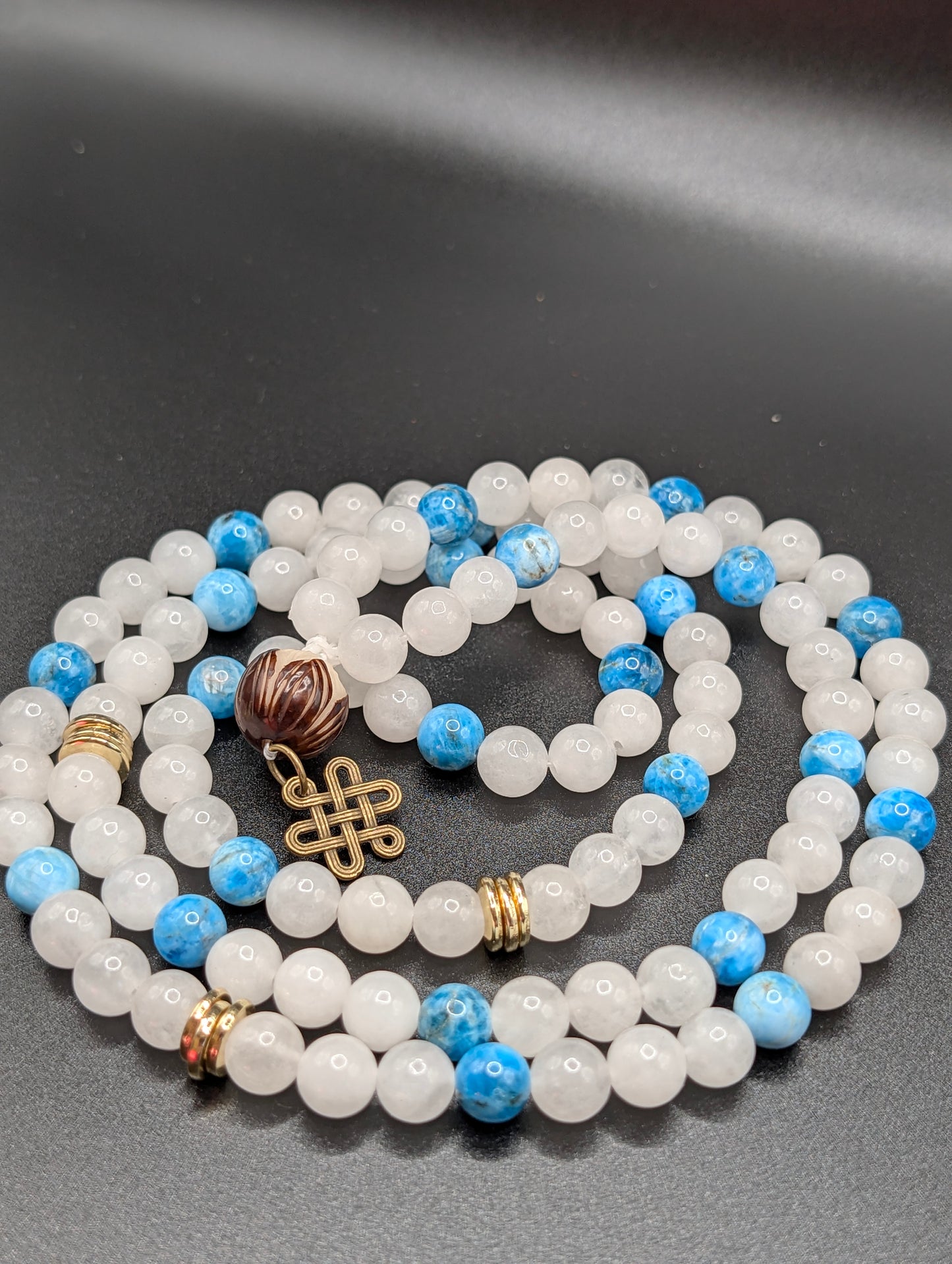 108 Moonstone & Blue Apatite Mala with Carved Lotus Guru Bead
