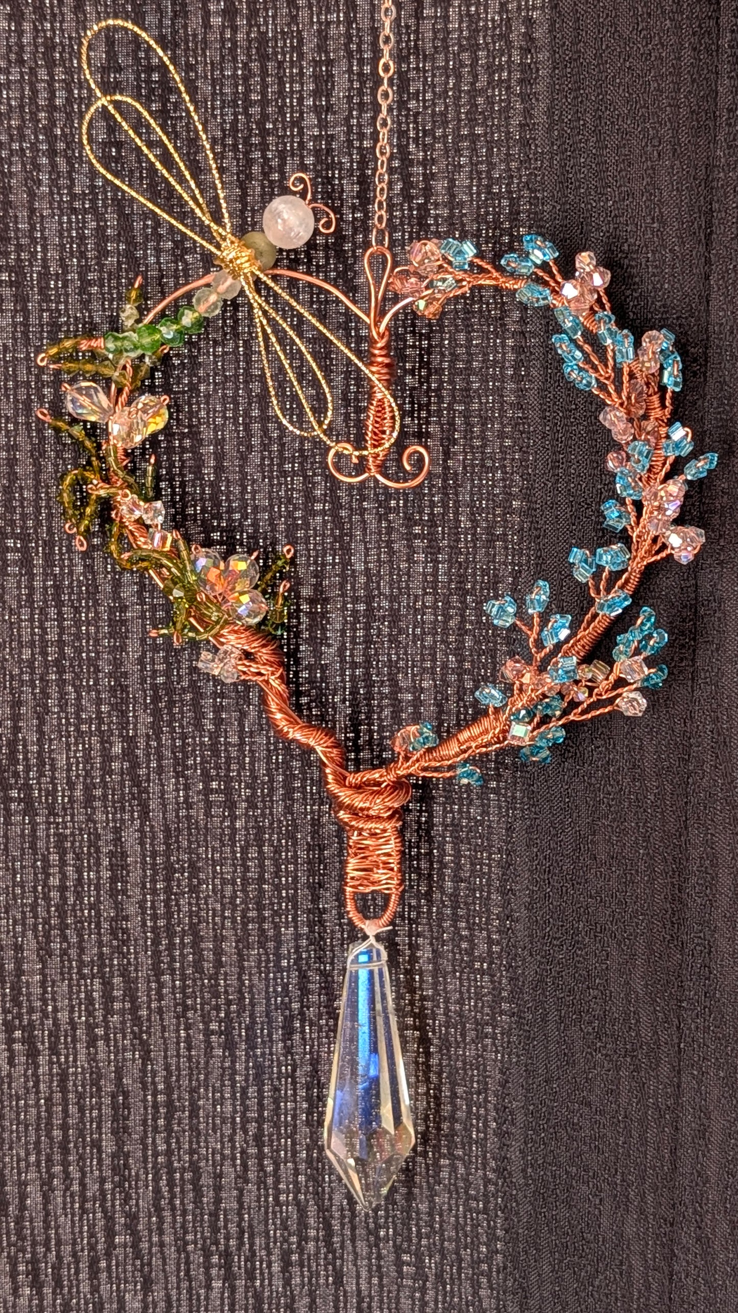 Copper Wire Heart with Dragonfly Suncatcher - 14K Gold Filled Wings & Crystal Beads