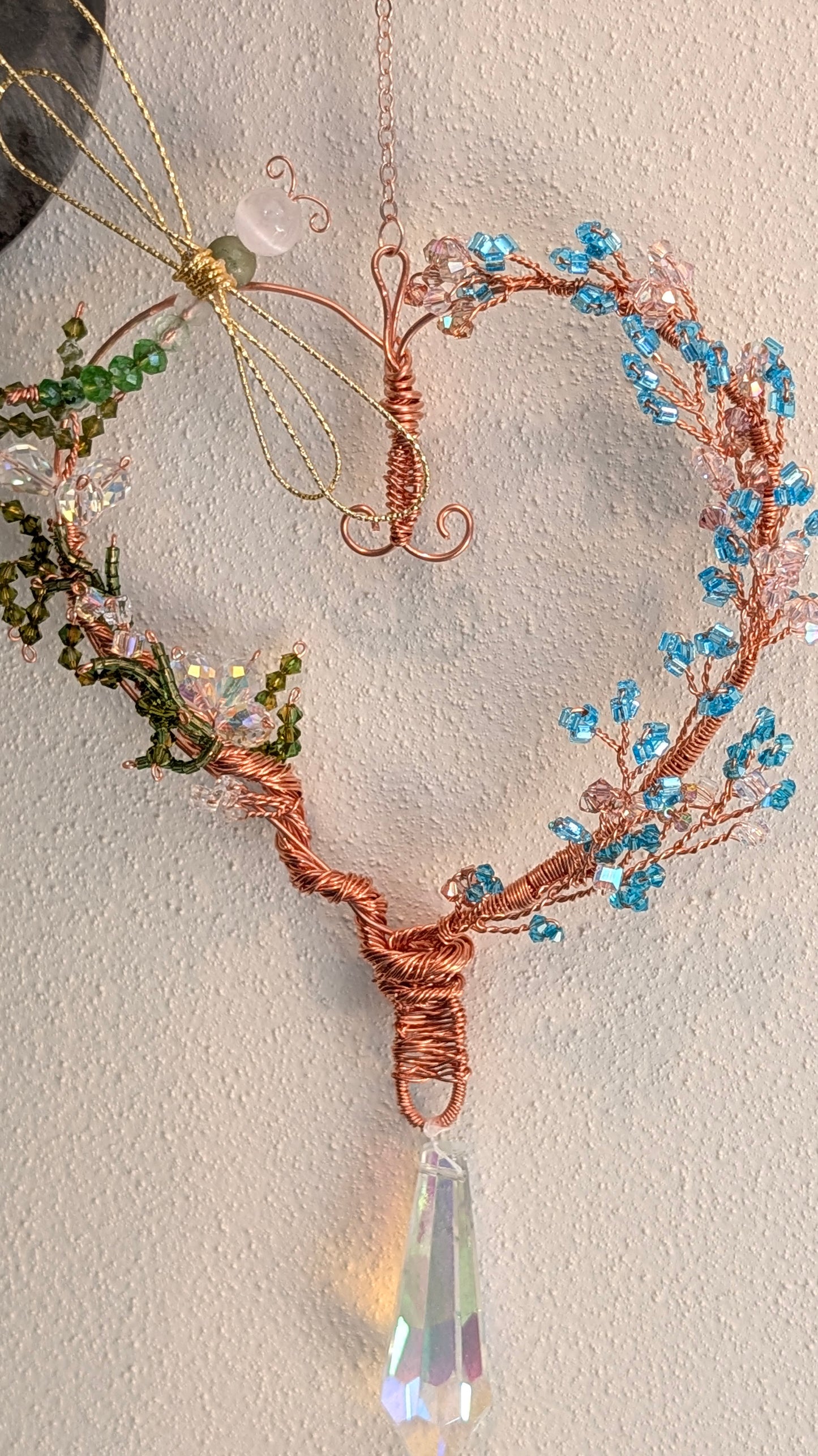 Copper Wire Heart with Dragonfly Suncatcher - 14K Gold Filled Wings & Crystal Beads