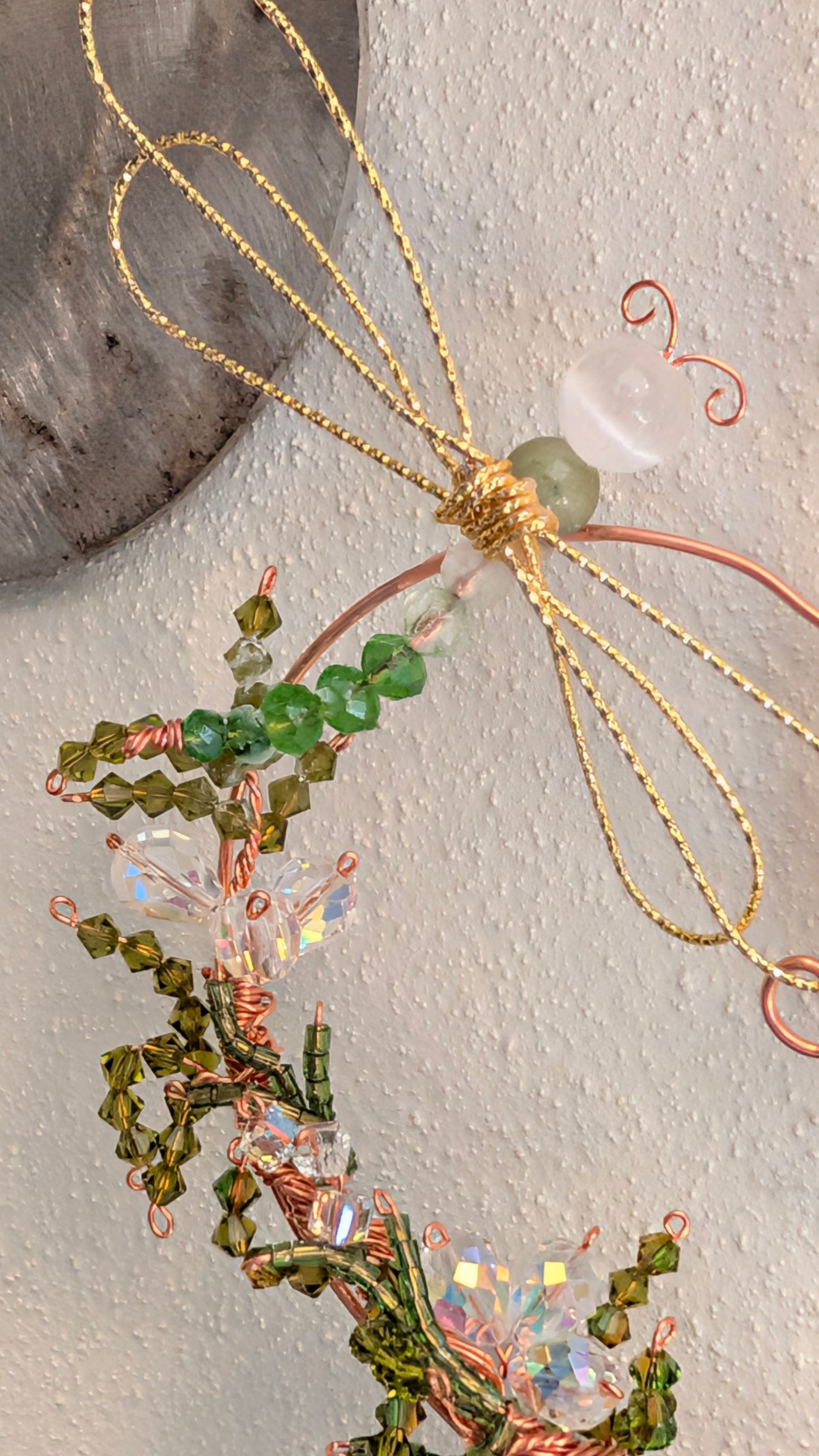 Copper Wire Heart with Dragonfly Suncatcher - 14K Gold Filled Wings & Crystal Beads