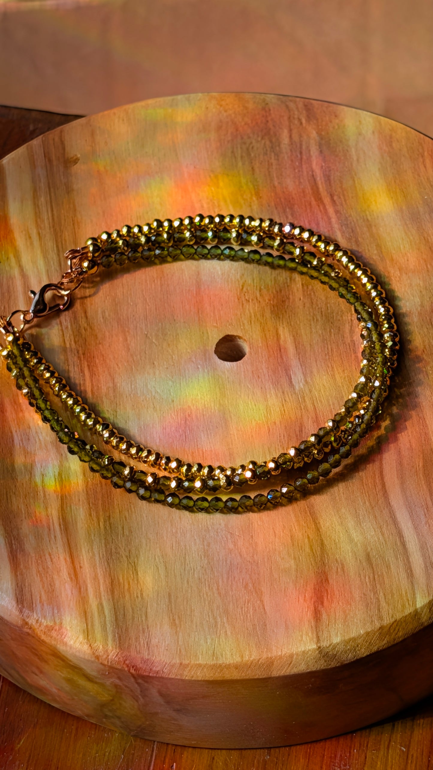 Gold AB & Olivine Crystal Triple Strand Bracelet