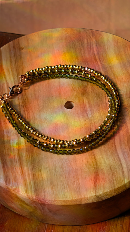 Gold AB & Olivine Crystal Triple Strand Bracelet