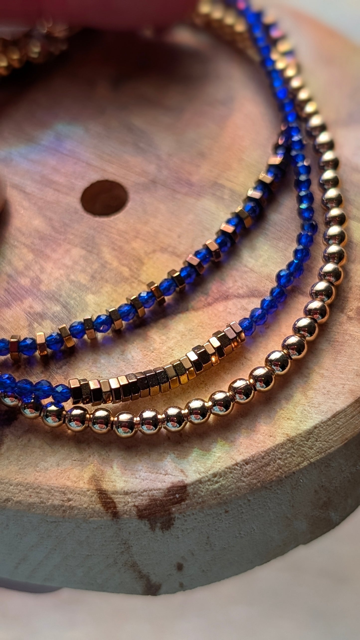 Gold, Blue Sapphire Crystal & Hematite Triple Strand Bracelet