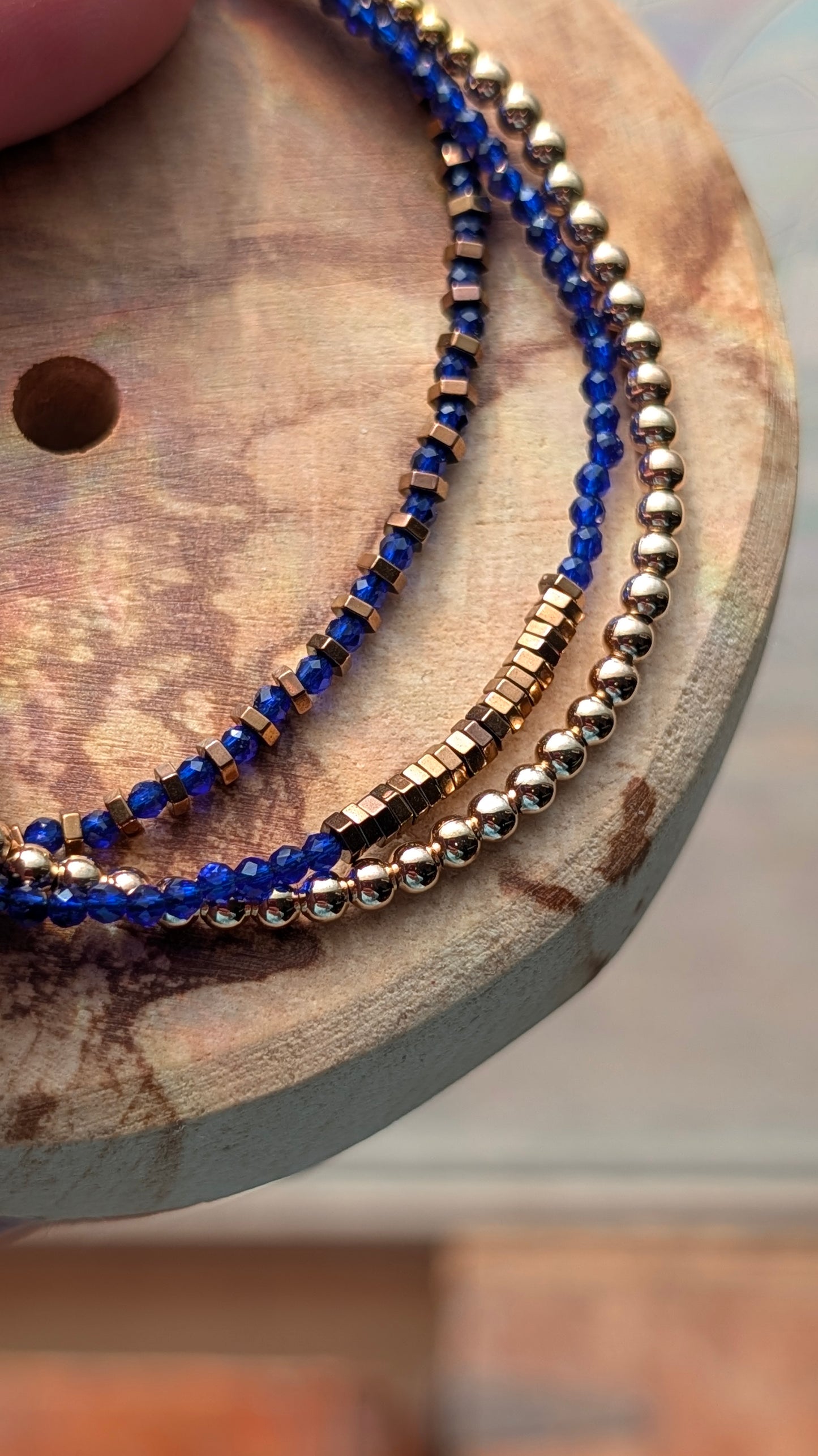 Gold, Blue Sapphire Crystal & Hematite Triple Strand Bracelet