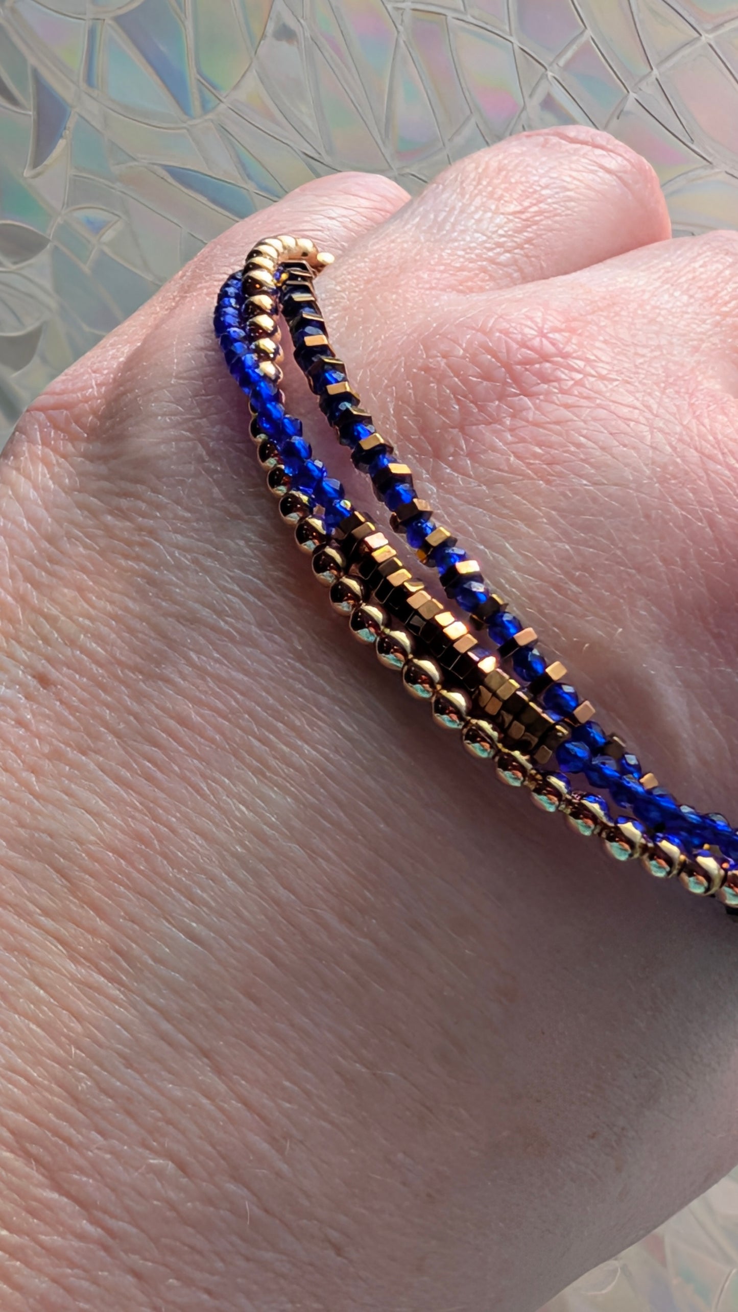 Gold, Blue Sapphire Crystal & Hematite Triple Strand Bracelet
