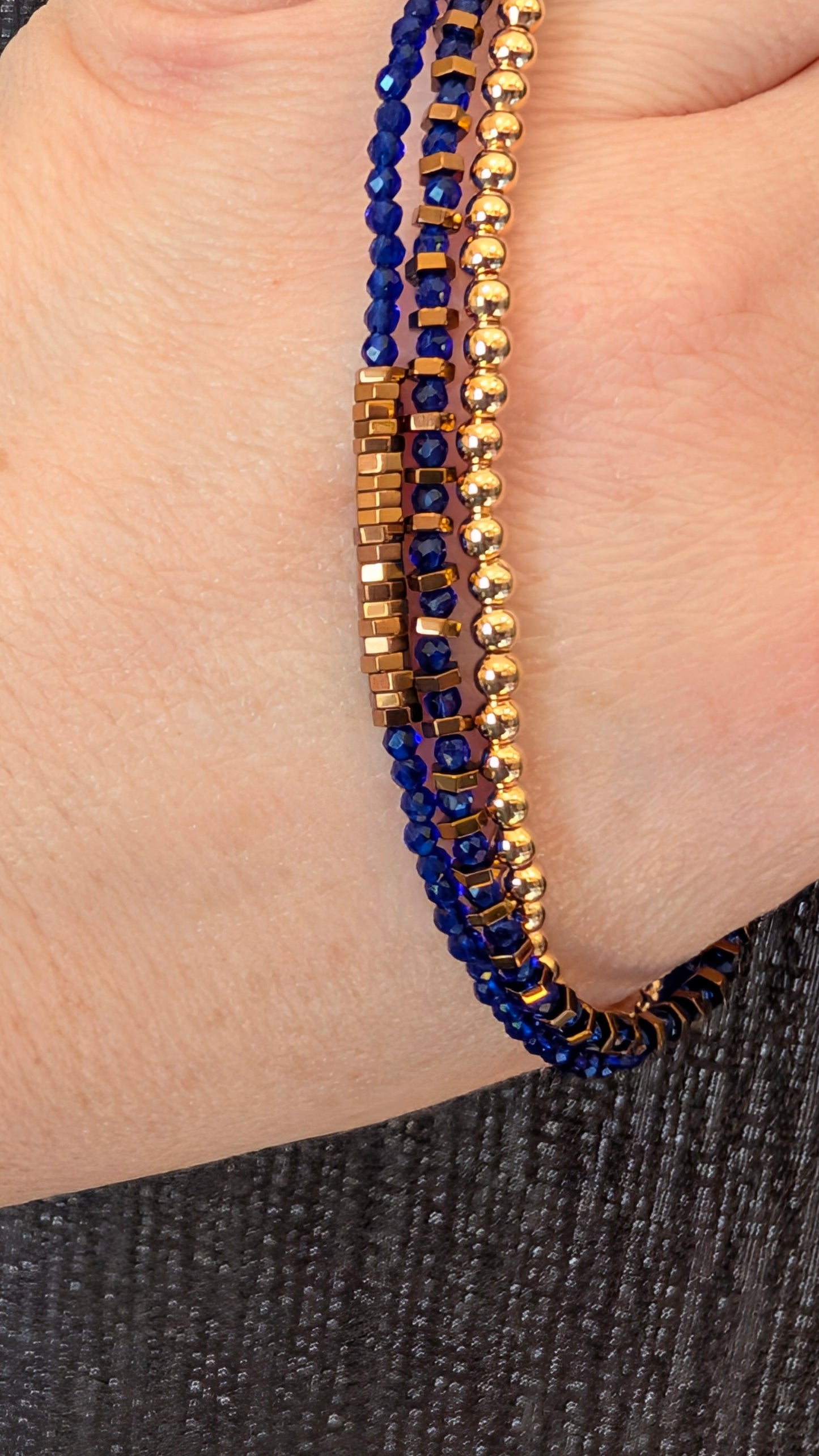 Gold, Blue Sapphire Crystal & Hematite Triple Strand Bracelet