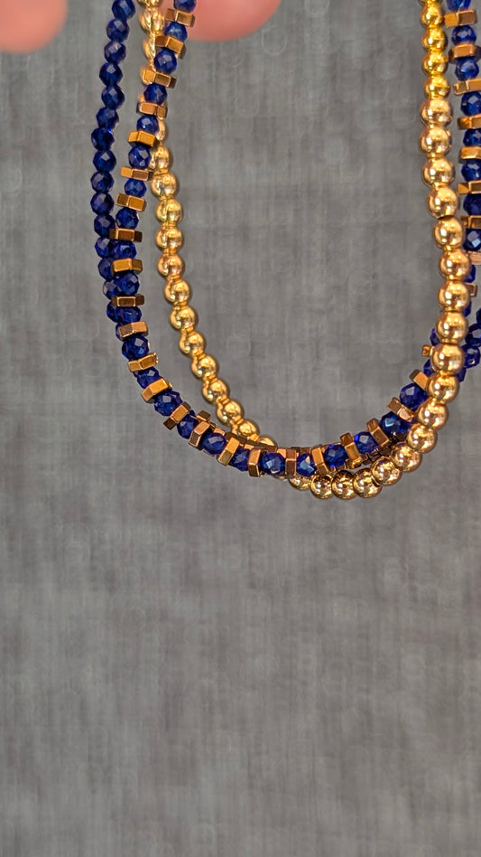 Gold, Blue Sapphire Crystal & Hematite Triple Strand Bracelet