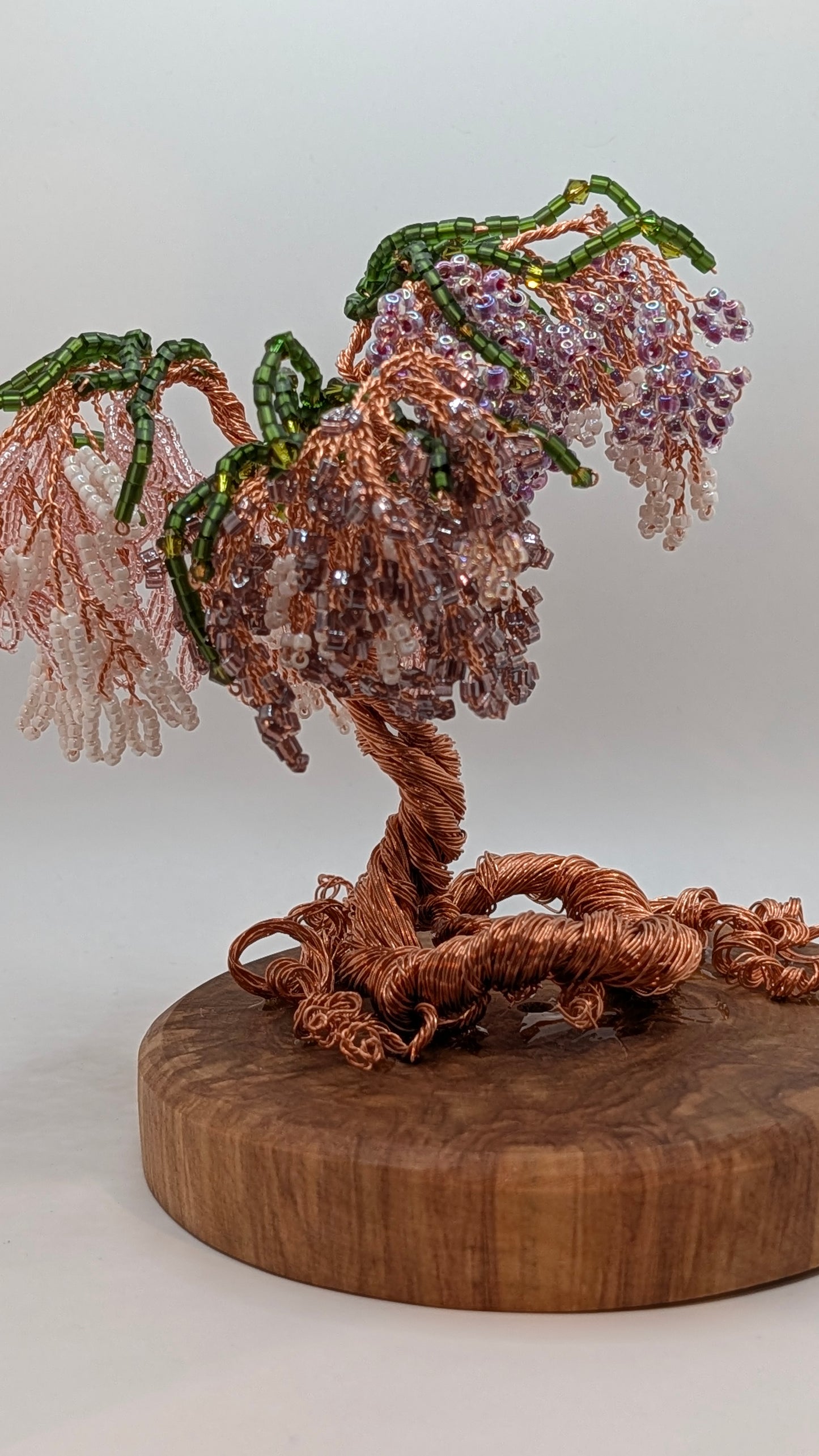 Wisteria Tree — Copper Wire with Pink, Purple & White Beads on Spalted Wood Disk