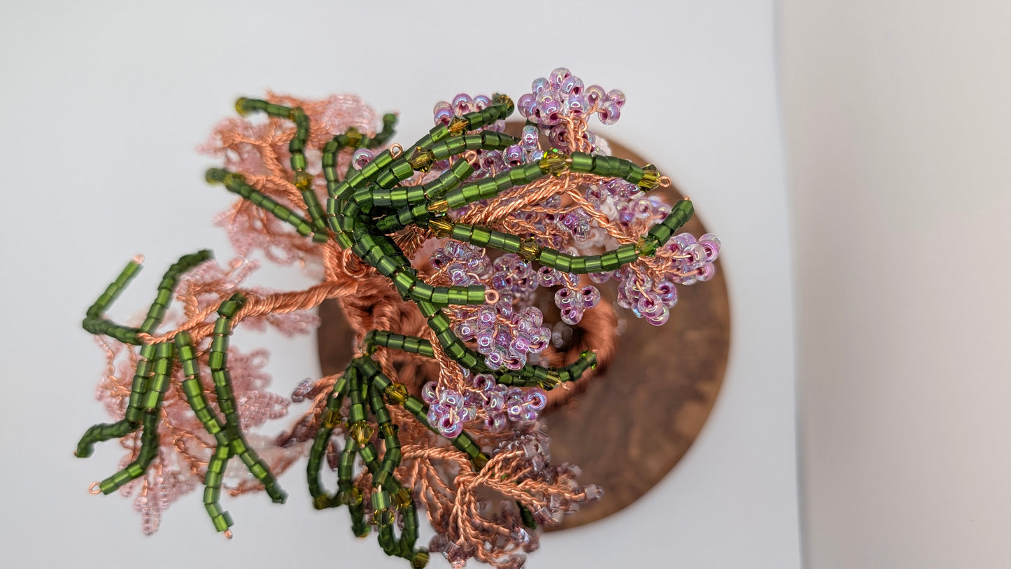 Wisteria Tree — Copper Wire with Pink, Purple & White Beads on Spalted Wood Disk