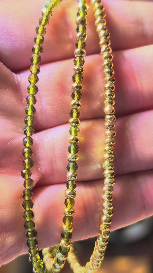 Gold AB & Olivine Crystal Triple Strand Bracelet