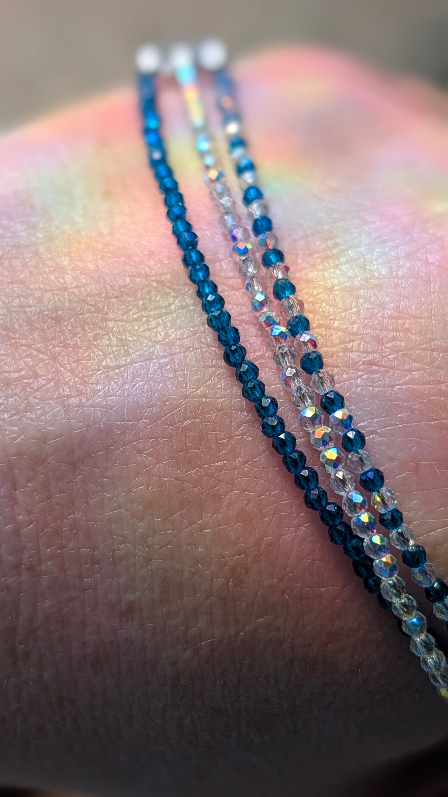 Aqua AB and clear AB crystal multi strand bracelet with gold filled closure
