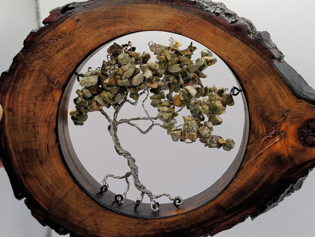 Tree of life garden art with semi precious stones.